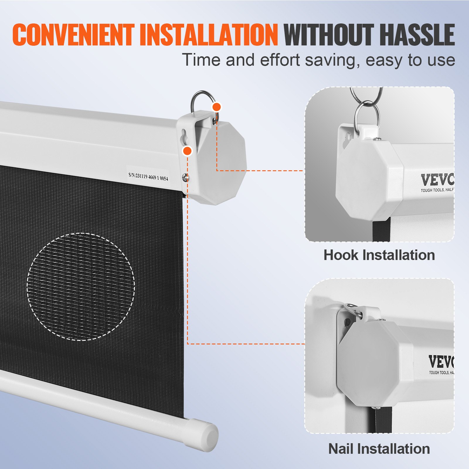 VEVOR projector screen with easy hook and nail installation for hassle-free setup.