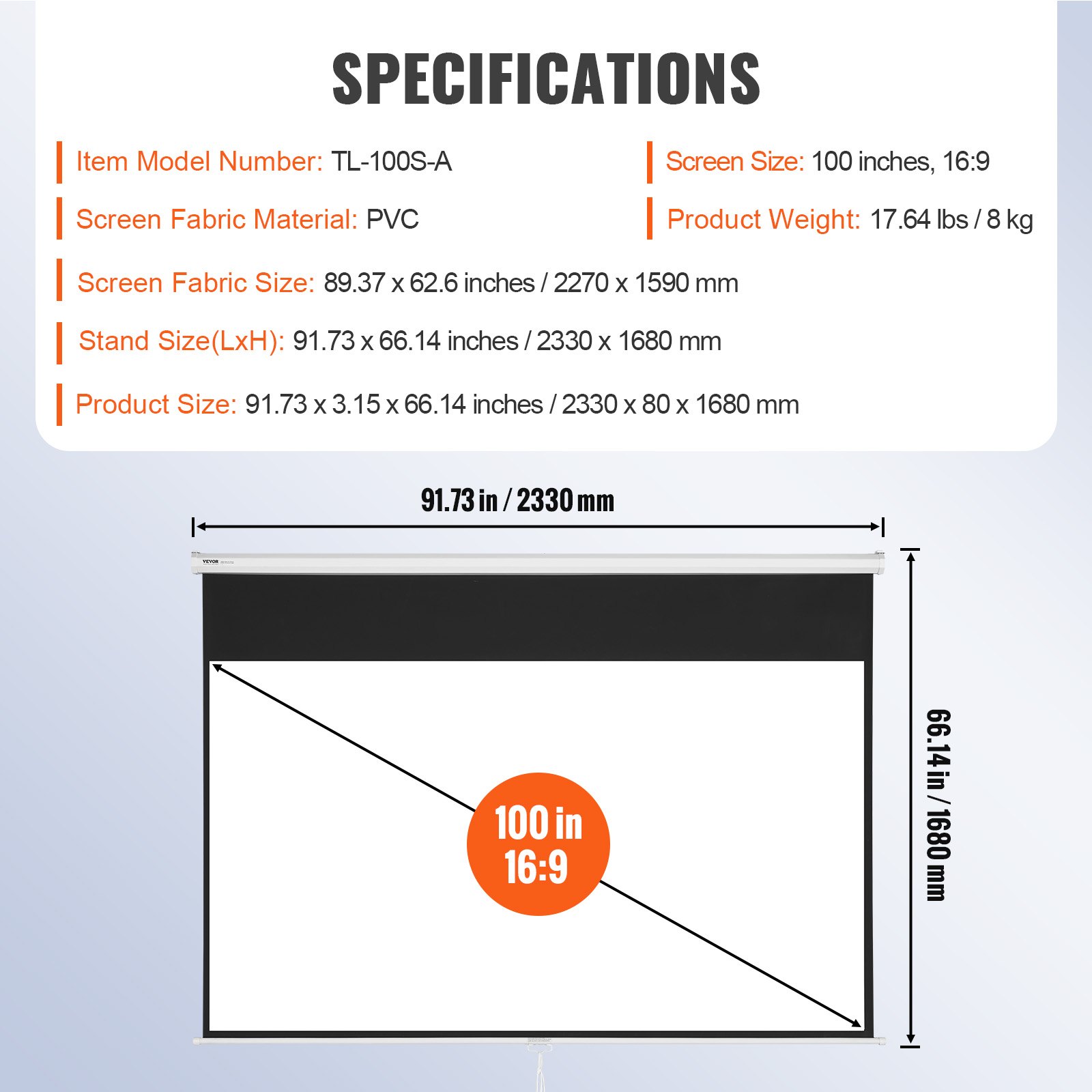 VEVOR projector screen, 100&quot; 16:9, pvc, 91.73 x 66.14 inches, 17.64 lbs, 2330 x 1680 mm.
