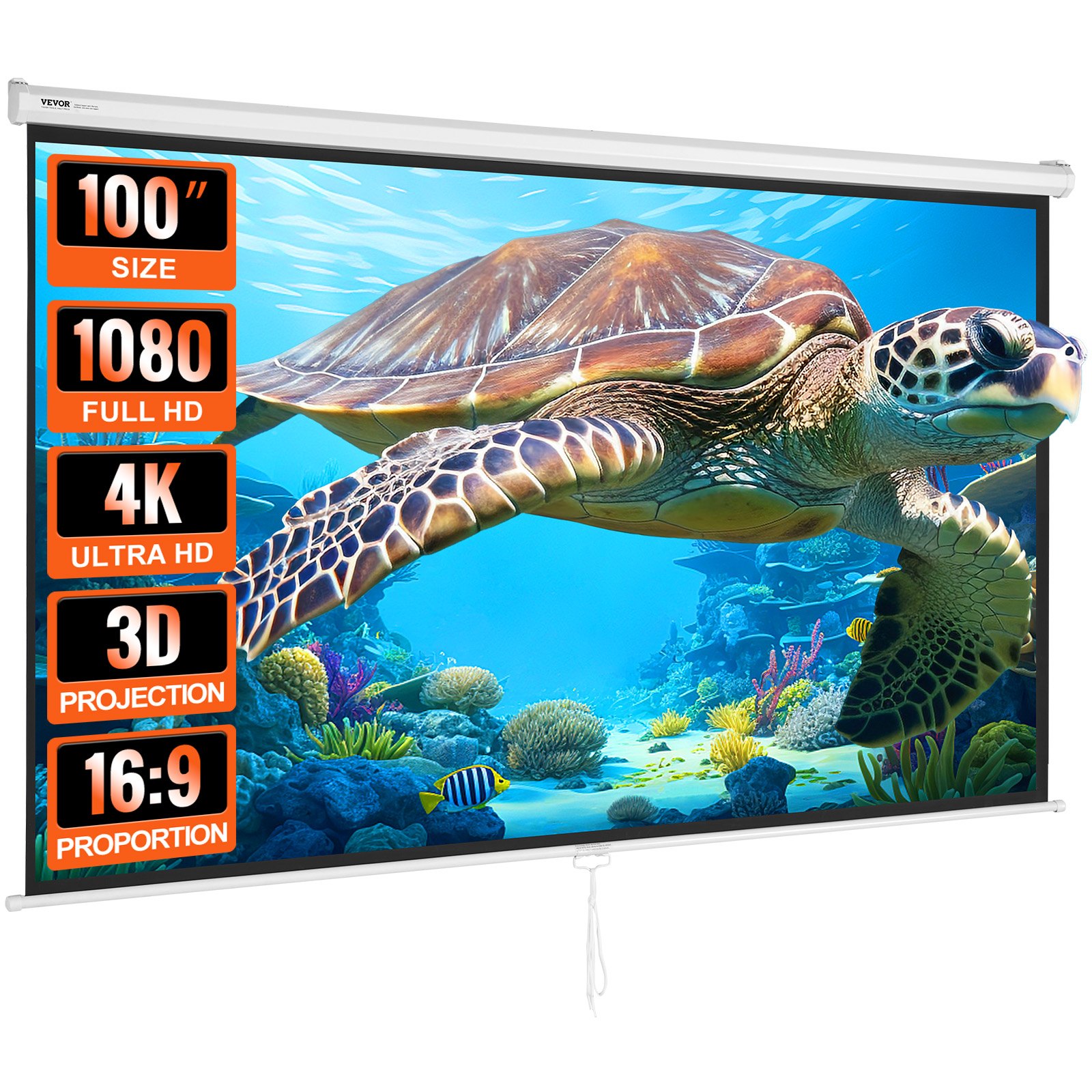 VEVOR projector screen showcasing 100&quot; size, 1080p full hd, 4k ultra hd, 3d projection, and 16:9 aspect ratio.