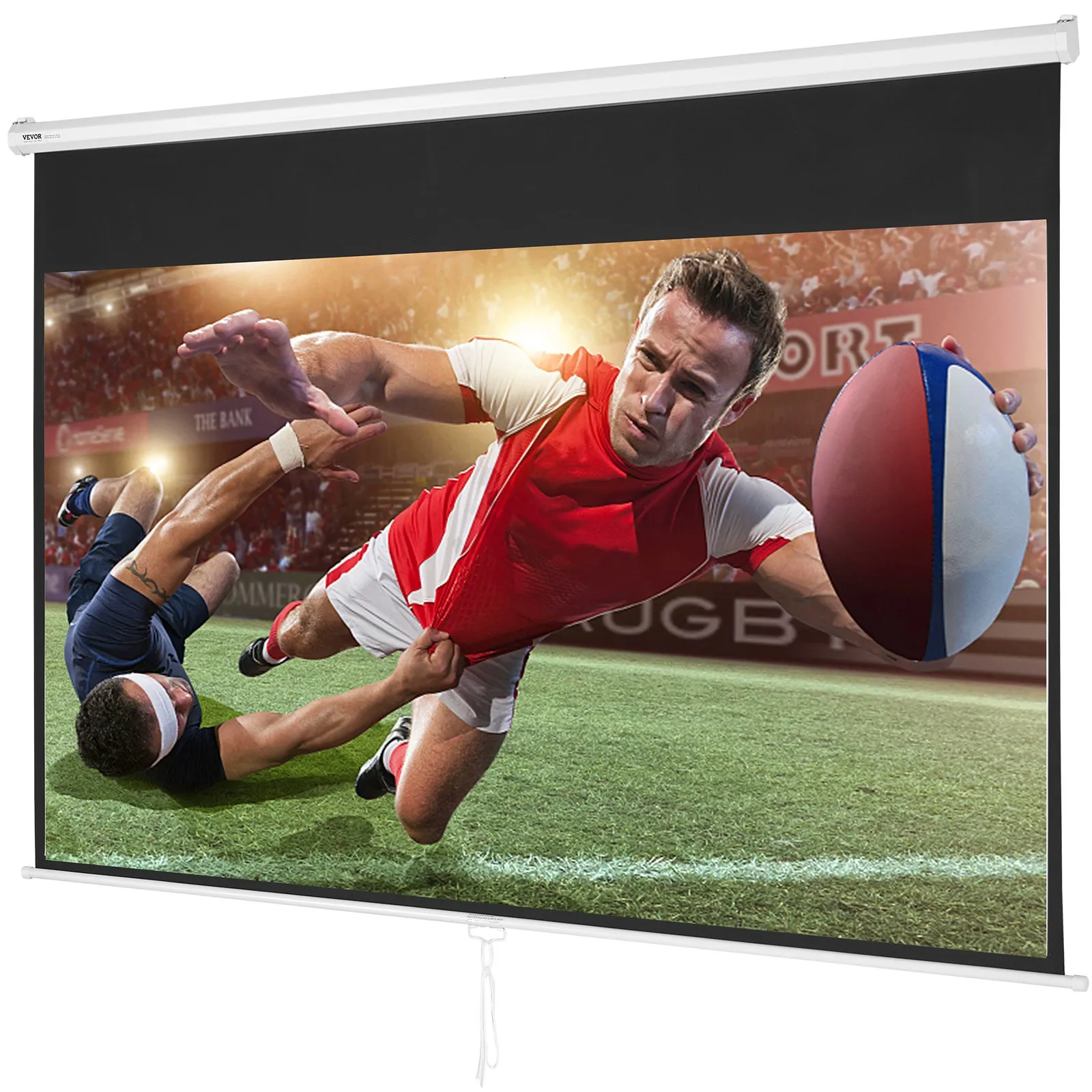rugby game on VEVOR projector screen showcasing dynamic tackle and bright stadium lights.