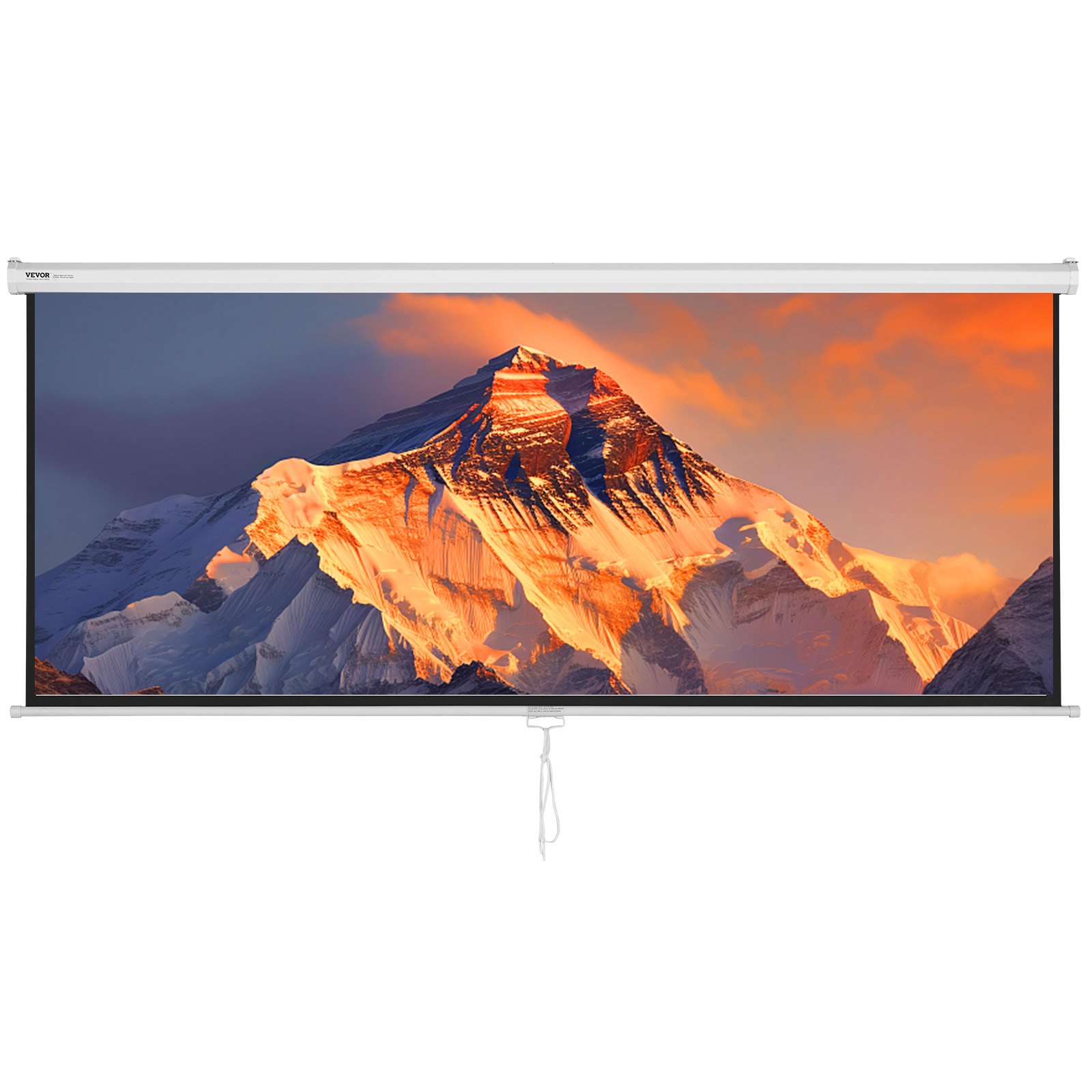 VEVOR projector screen displaying a vivid mountain scene during sunset.