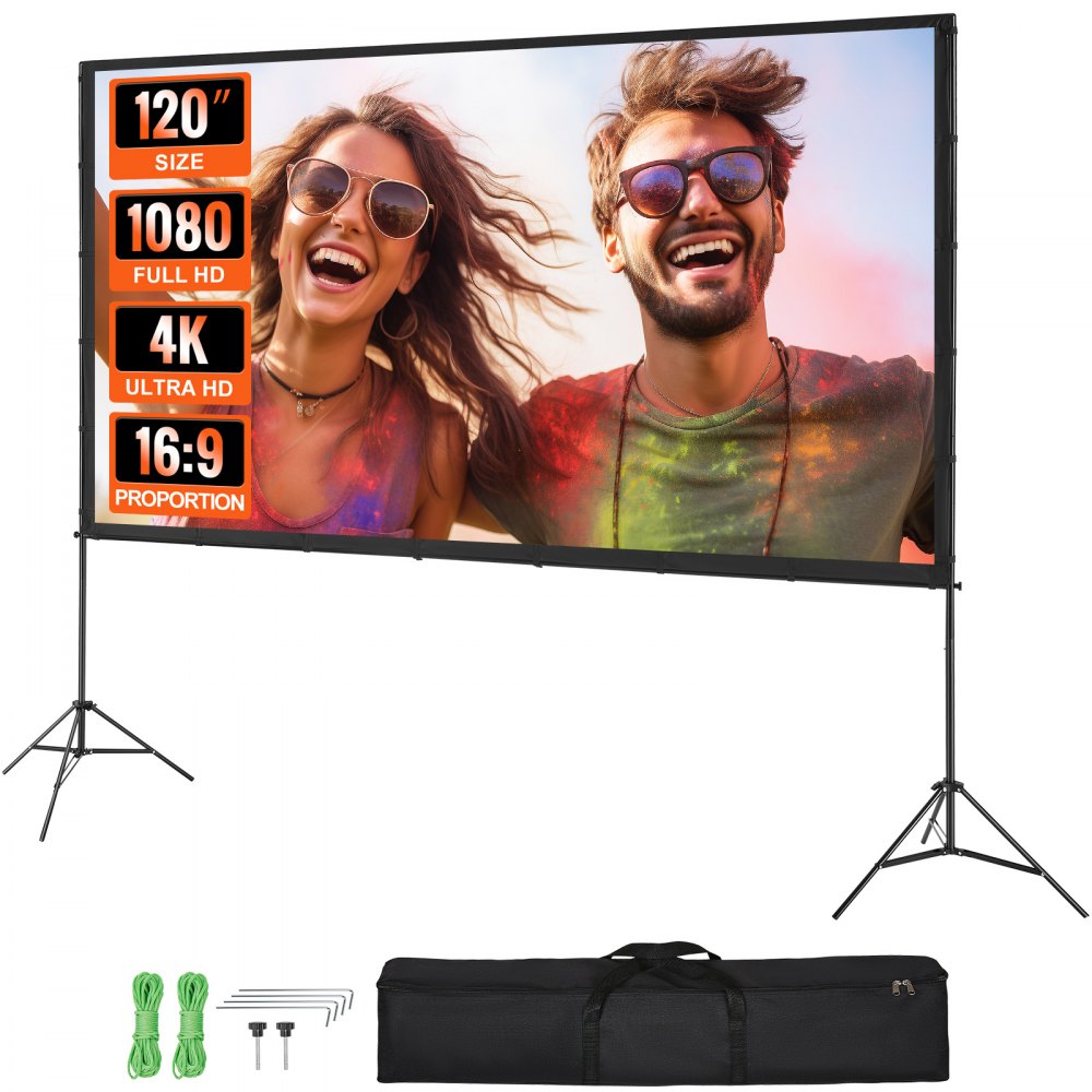 VEVOR Projector Screen with Stand, 120 inch 16:9 4K 1080 HD Outdoor Movie Screen with Stand, Wrinkle-Free Projection Screen with Tripods and Carry Bag, for Home Theater Cinema Backyard Movie Night