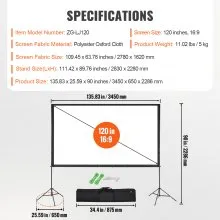 VEVOR Projector Screen with Stand, 120 inch 16:9 4K 1080 HD Outdoor Movie Screen with Stand, Wrinkle-Free Projection Screen with Tripods and Carry Bag, for Home Theater Cinema Backyard Movie Night