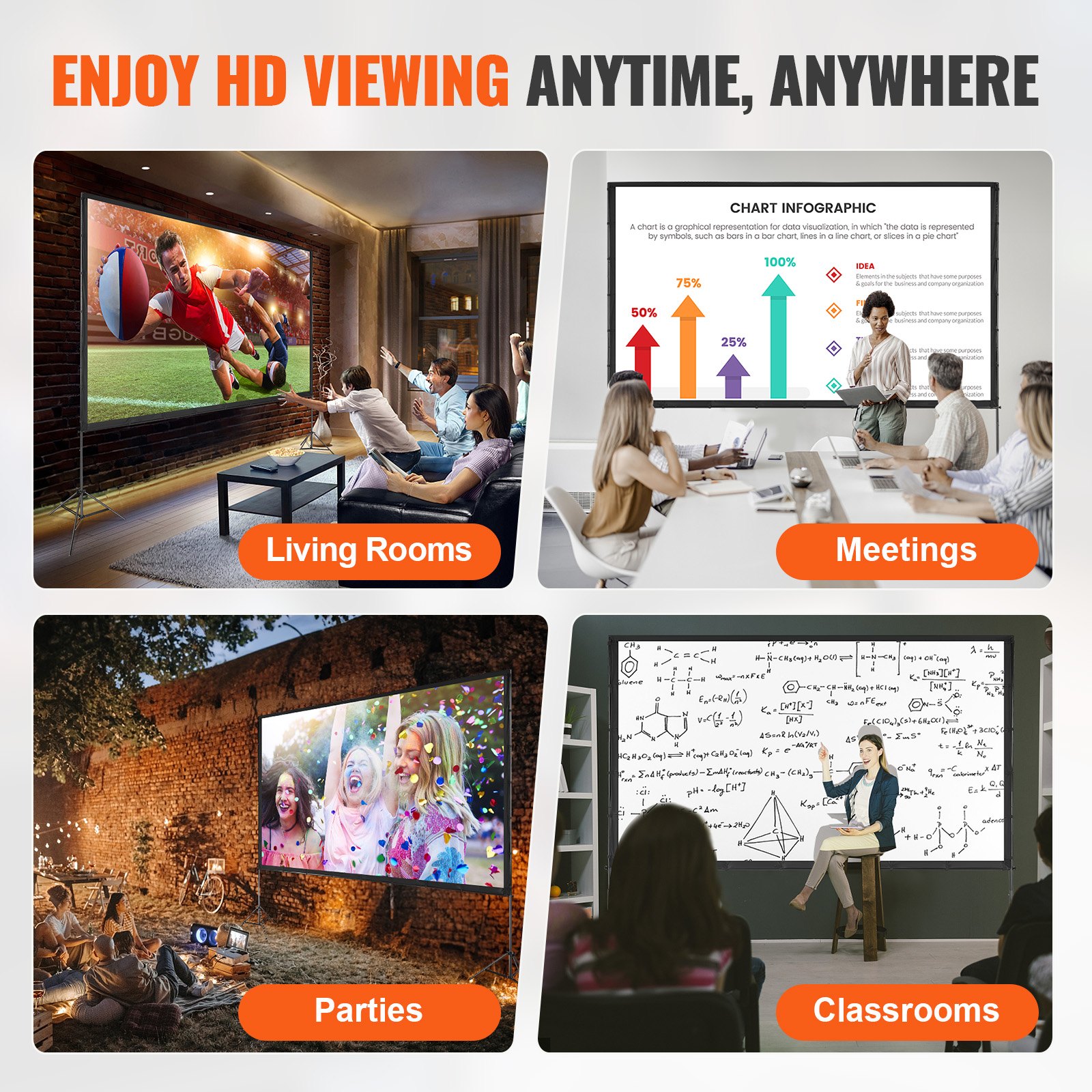 VEVOR Projector Screen with Stand, 150 inch 16:9 4K 1080 HD Outdoor Movie Screen with Stand, Wrinkle-Free Projection Screen with Tripods and Carry Bag, for Home Theater Cinema Backyard Movie Night