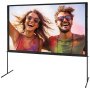 large VEVOR projector screen displaying a vibrant image of two people covered in colorful powder.