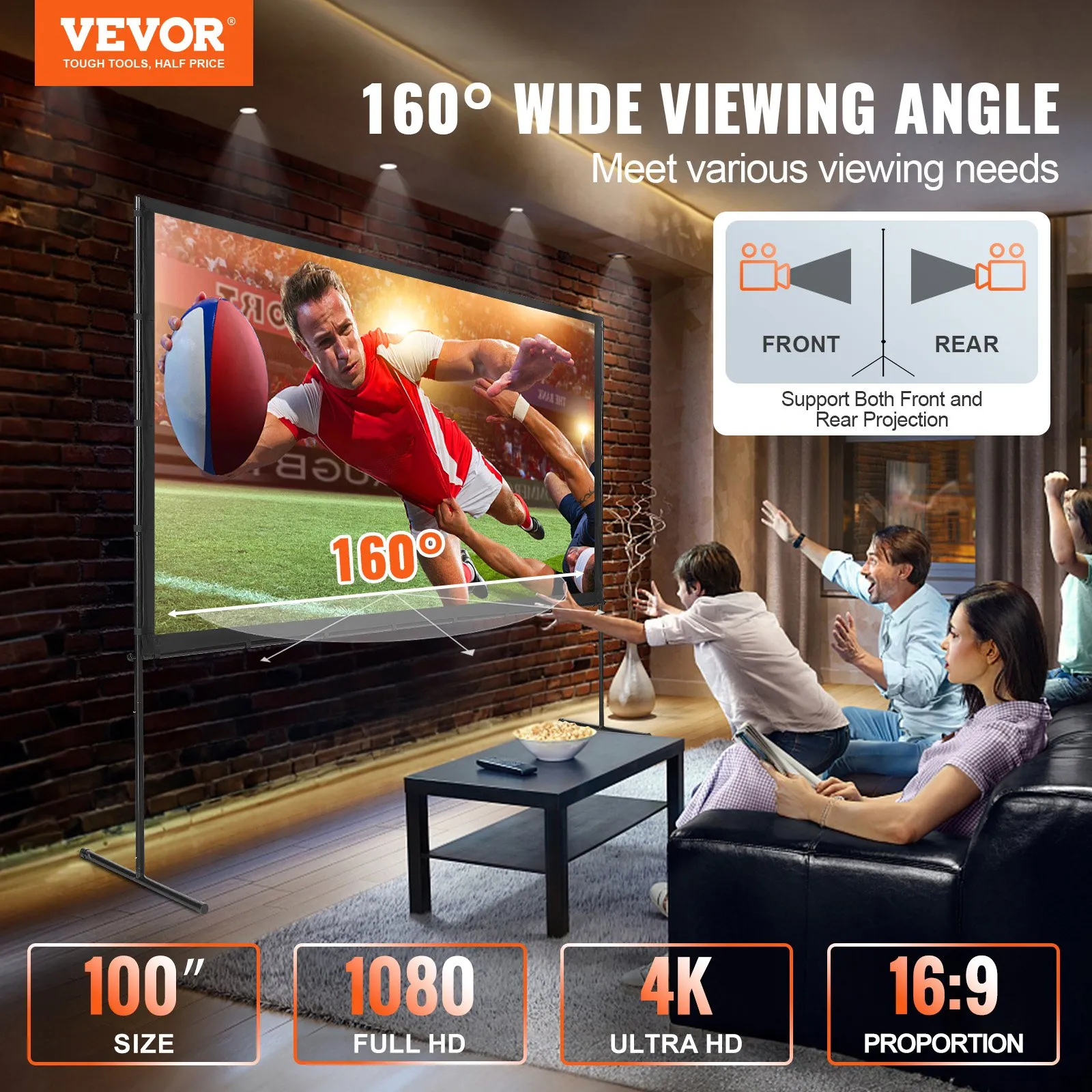 VEVOR projector screen, 160° viewing angle, 100&quot; size, 1080 full hd, 4k ultra hd, 16:9 proportion.