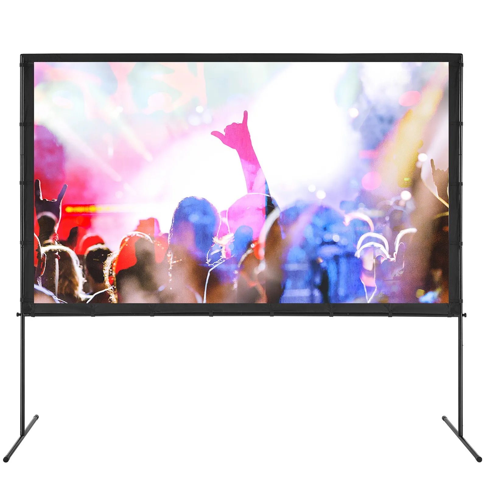 VEVOR projector screen displaying a vibrant crowd at a concert, with bright lights and raised hands.