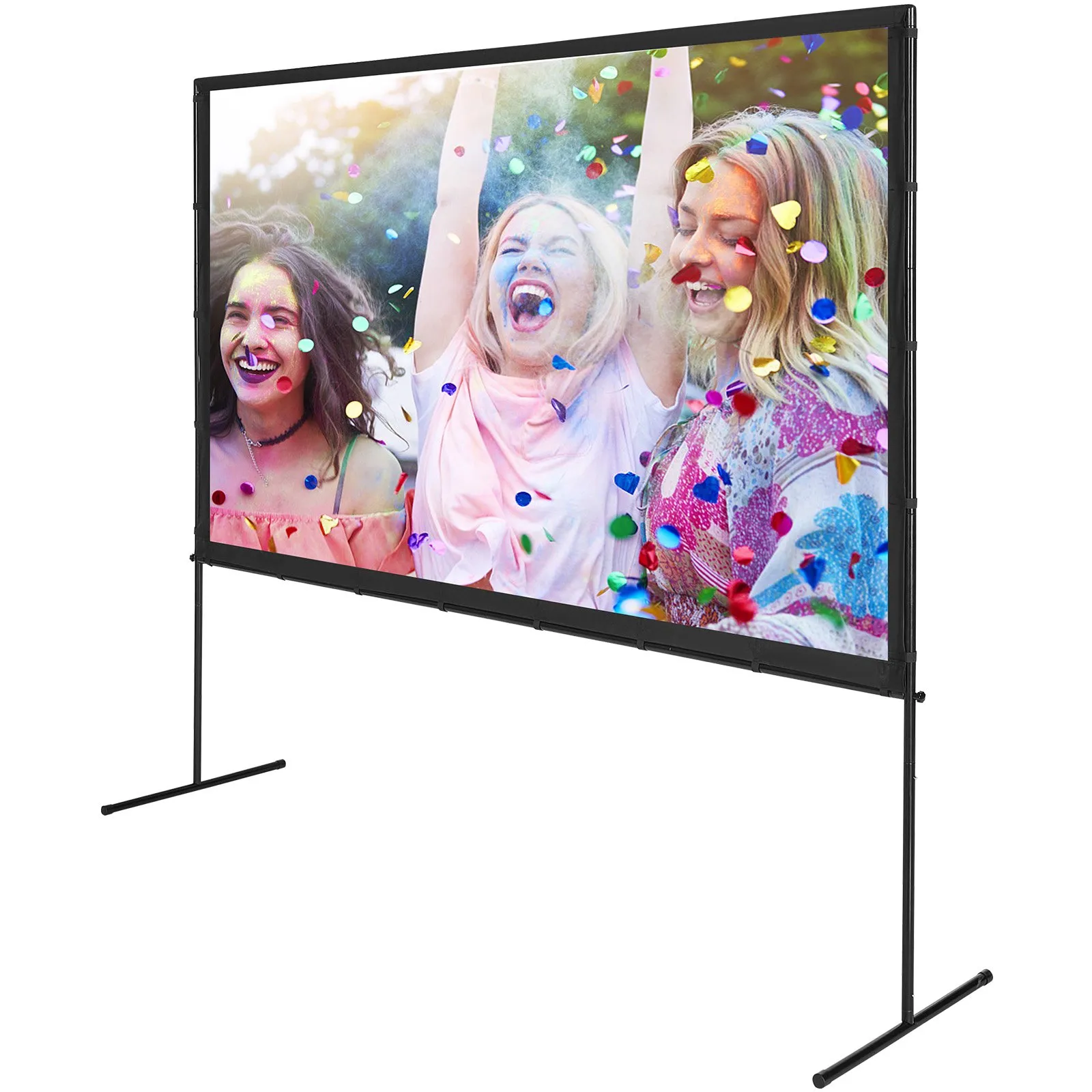 VEVOR projector screen displaying a vibrant image of people celebrating with confetti outdoors.