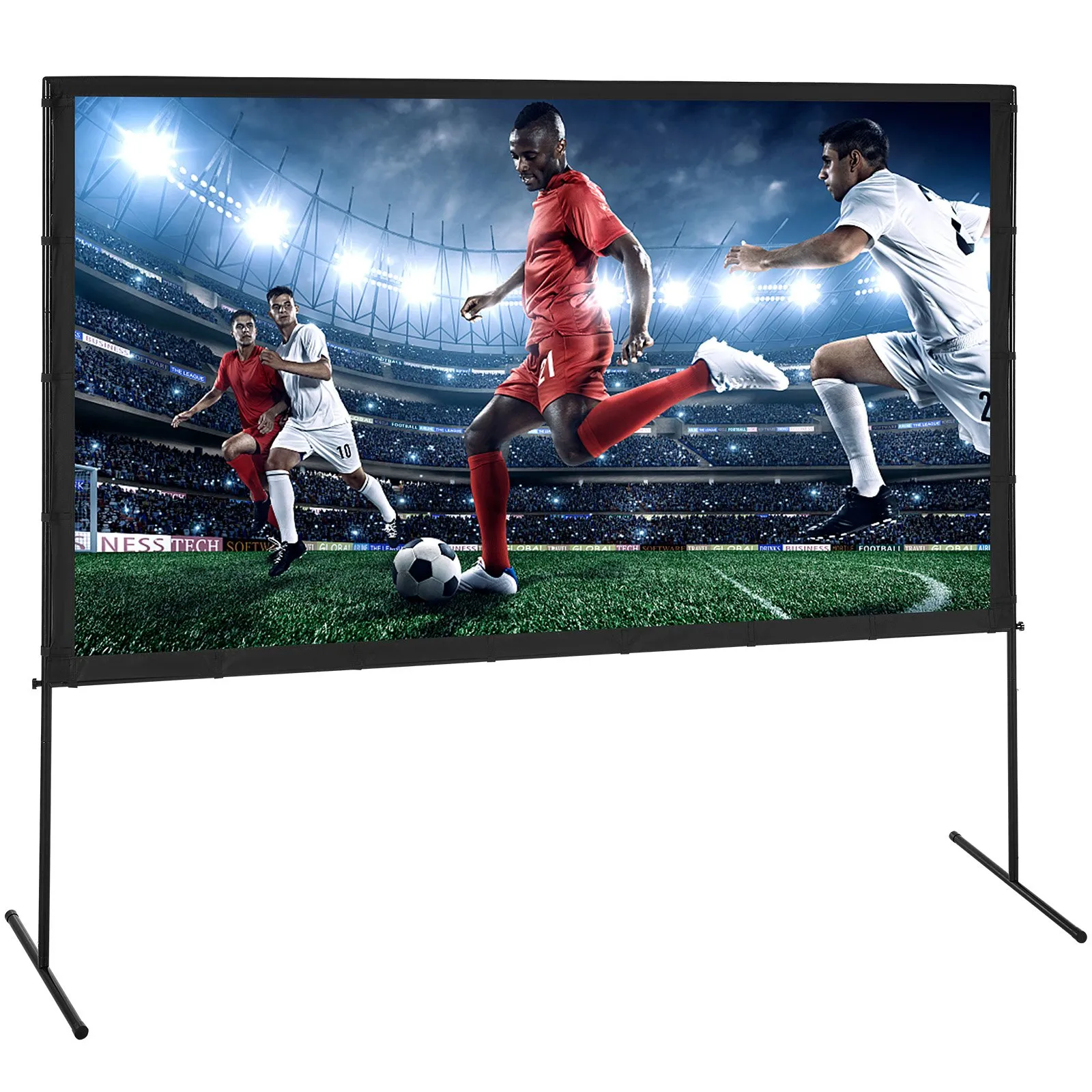 outdoor soccer match displayed on VEVOR projector screen with players in action under stadium lights.