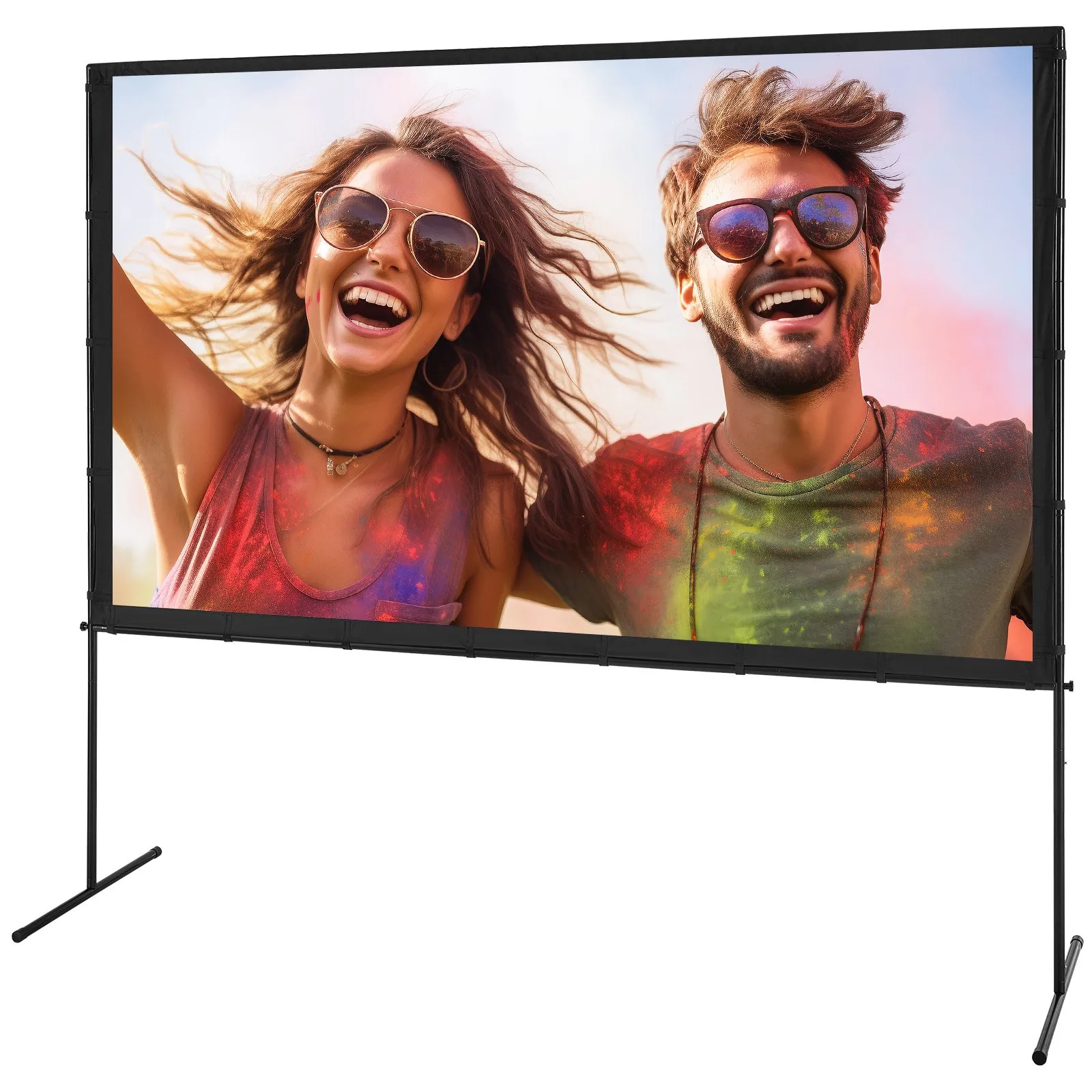 large VEVOR projector screen displaying a vibrant image of two people covered in colorful powder.