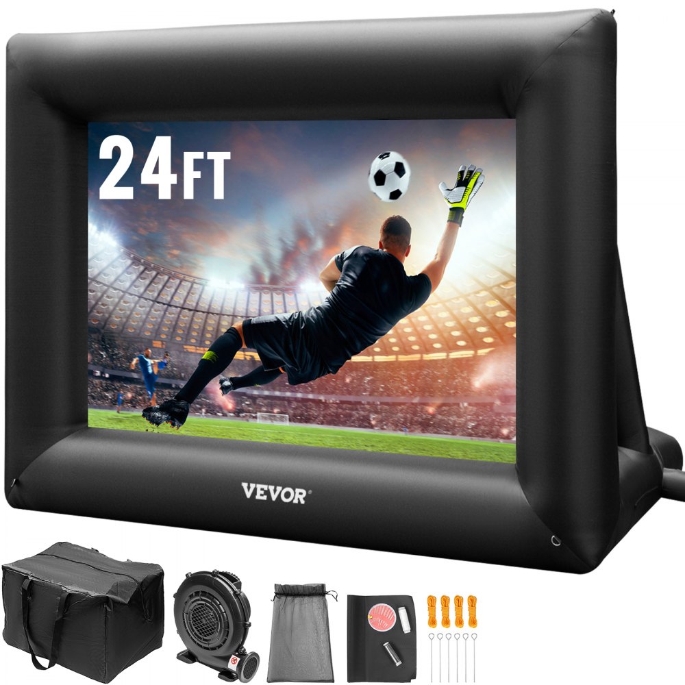 VEVOR inflatable movie screen with soccer game, 24ft, accessories included.