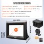 VEVOR inflatable movie screen specifications with dimensions, carrying bag, blower, and stakes.