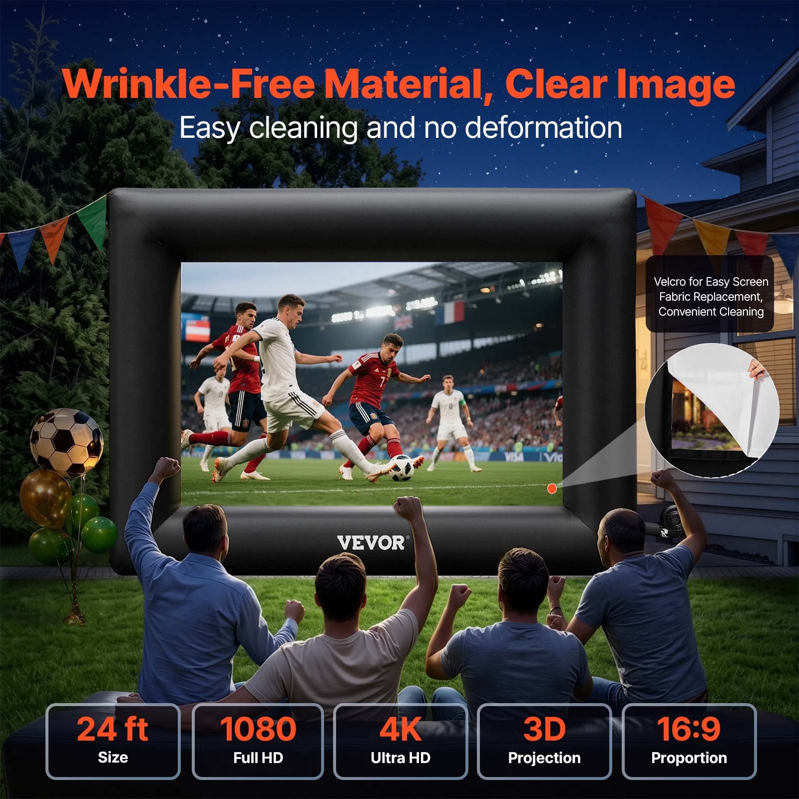 VEVOR Inflatable Movie Screen 24FT Inflatable Projector Screen for outside with 360W Air Blower Inflatable Screen Oxford Fabric Material Blow Up Screen for Outdoor Movie Supports Front/Rear Projection