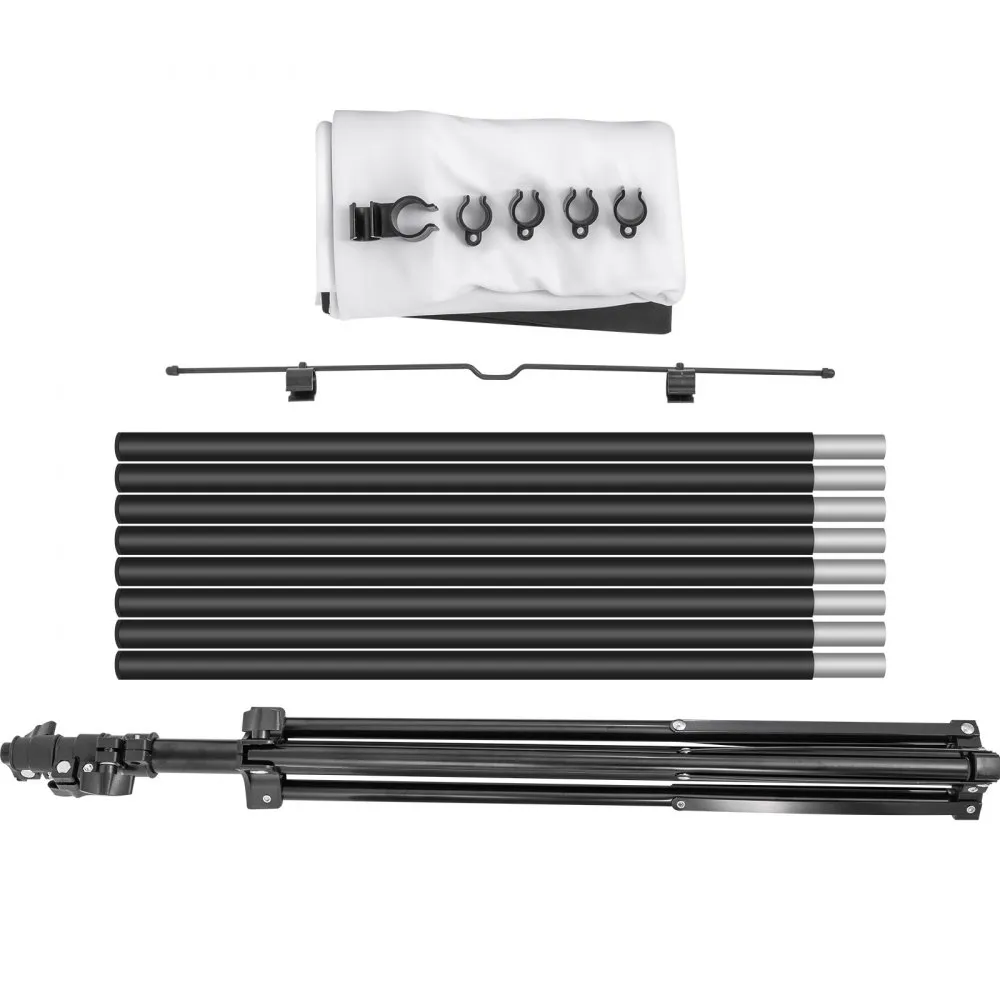 VEVOR tripod projector screen components: tripod, poles, hooks, and screen fabric.