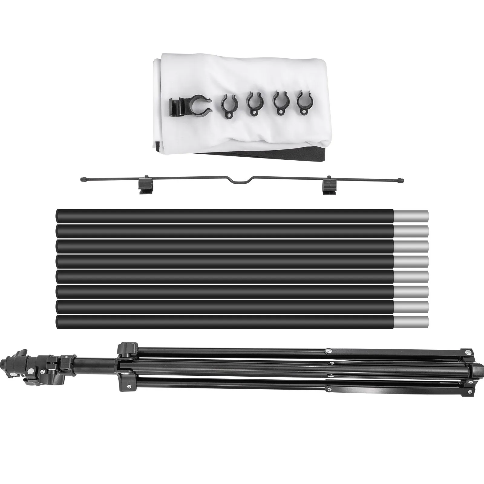 VEVOR tripod projector screen components: tripod, poles, hooks, and screen fabric.