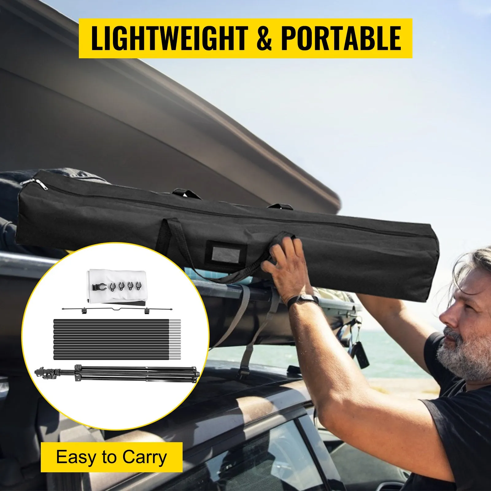 VEVOR tripod projector screen in black carry bag, labeled &quot;lightweight &amp; portable.&quot;