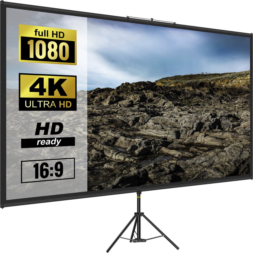 VEVOR kolmijalkainen projektorin näyttö jalustalla 90 tuumaa 16:9 4K HD -projektioruututeline Rypytön korkeussäädettävä kannettava näyttö projektorille sisä- ja ulkokäyttöön elokuviin, kotiteatteriin, pelaamiseen, toimistoon