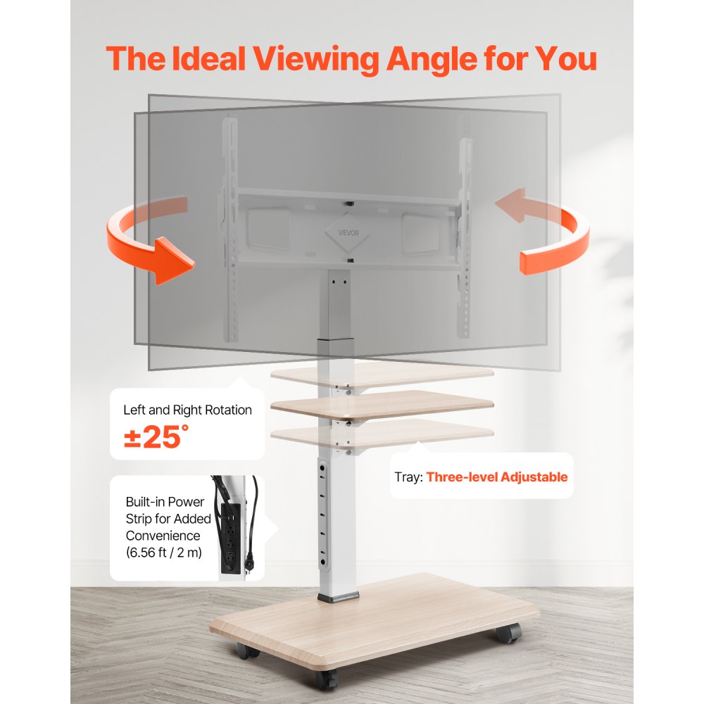 VEVOR Rolling TV Stand, Mobile TV Cart for 32-70 Inch Screens, 25° Left-Right Rotation and Height Adjustable TV Mount with Tray, Holds up to 88 lbs for Corner, Bedroom, Outdoor, Max VESA 600x400mm