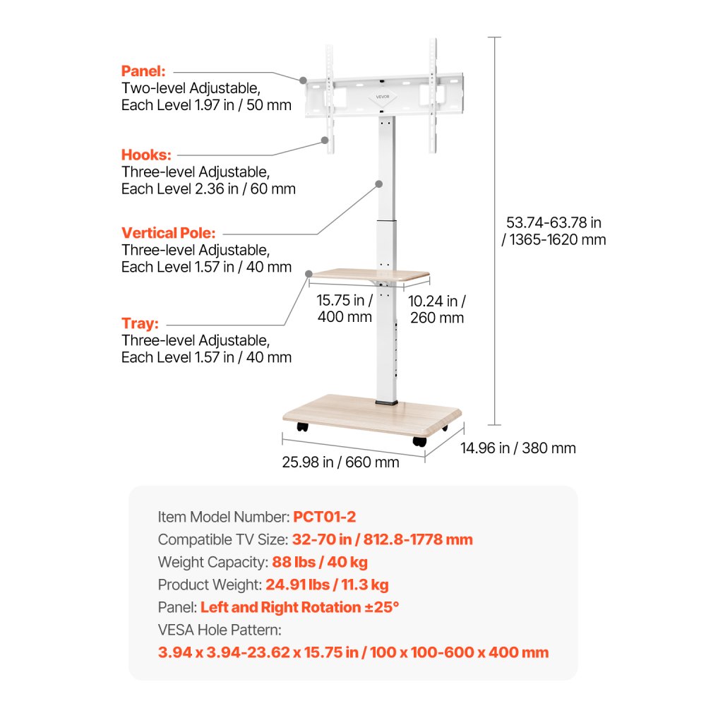VEVOR Rolling TV Stand, Mobile TV Cart for 32-70 Inch Screens, 25° Left-Right Rotation and Height Adjustable TV Mount with Tray, Holds up to 88 lbs for Corner, Bedroom, Outdoor, Max VESA 600x400mm