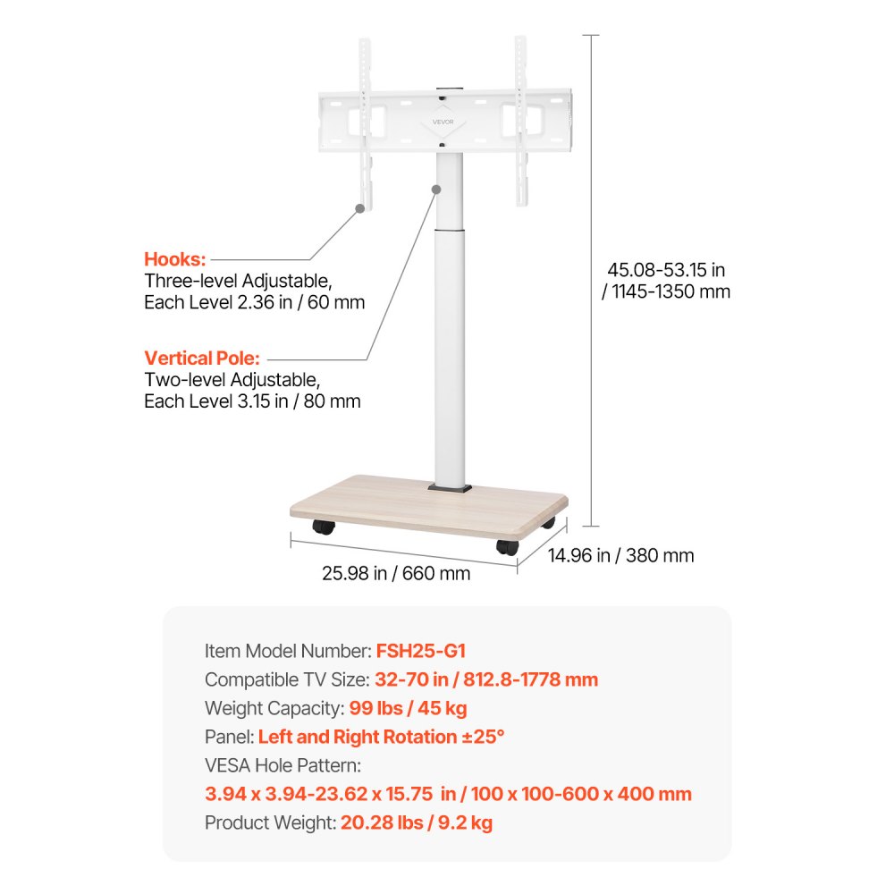VEVOR Rolling TV Stand, Mobile TV Cart for 32-70 Inch Screens, 25° Left-Right Rotation and Height Adjustable TV Mount on Wheels, Holds up to 99 lbs for Corner, Bedroom, Outdoor, Max VESA 600x400mm