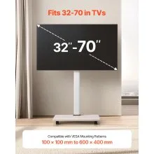 VEVOR Rolling TV Stand, Mobile TV Cart for 32-70 Inch Screens, 25° Left-Right Rotation and Height Adjustable TV Mount on Wheels, Holds up to 99 lbs for Corner, Bedroom, Outdoor, Max VESA 600x400mm
