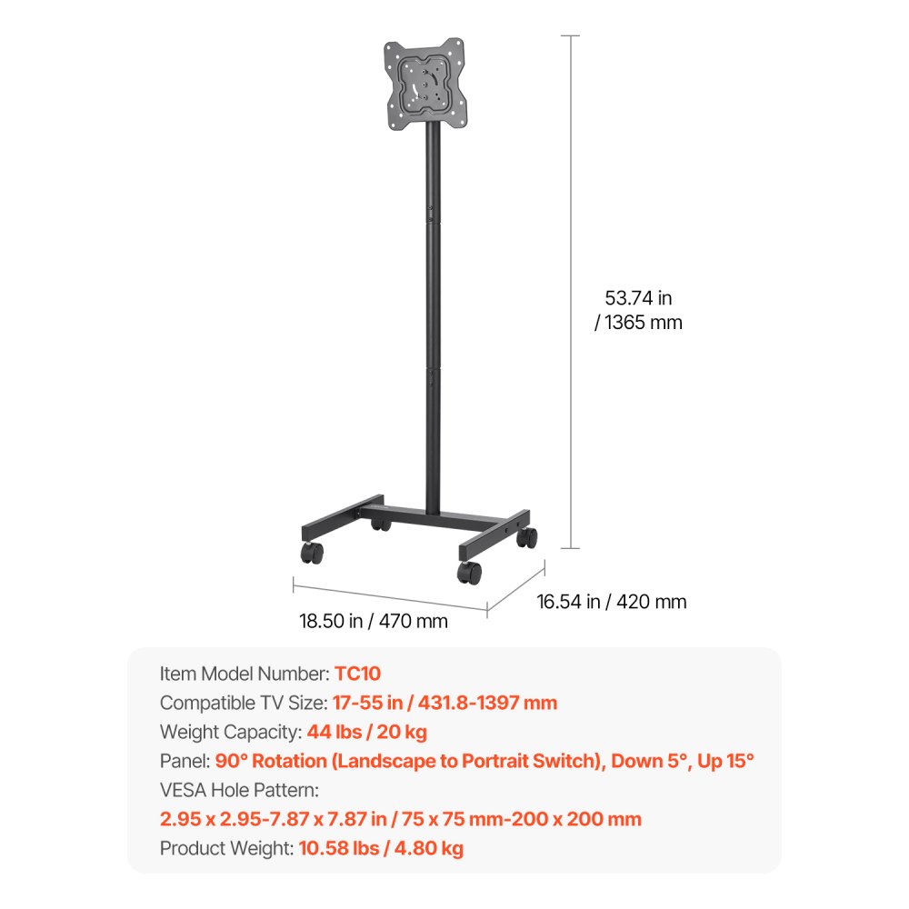 VEVOR Rolling TV Stand, Mobile TV Cart for 17-55 Inch Screens, Portrait to Landscape, Portable TV Stand with Wheels Holds up to 44 lbs for Living Room, Bedroom, Office, Outdoor, Max VESA 200x200mm