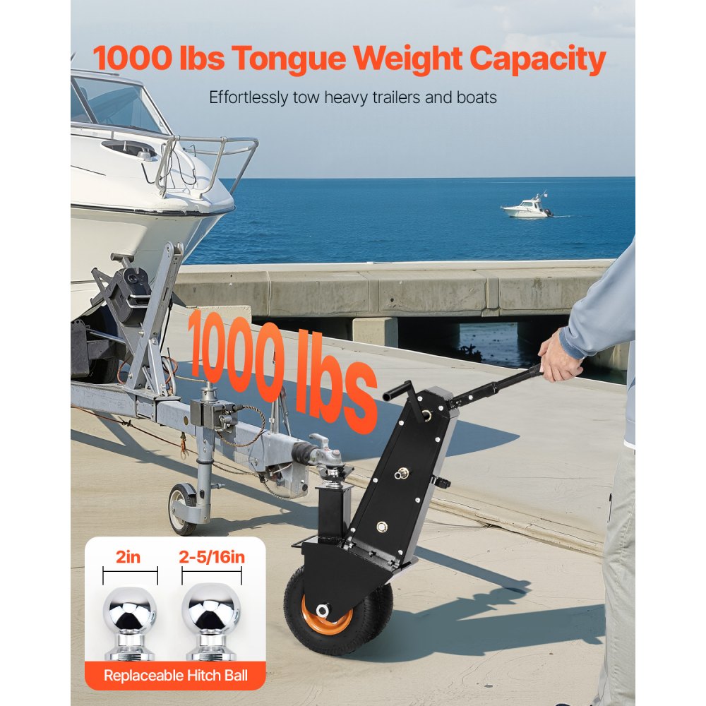VEVOR Trailer Dolly, 1000lbs Tongue Weight Capacity, Trailer Mover Dolly with 2 inch and 2-5/16 inch Replaceable Hitch Balls, Pneumatic Tire, Manual or Electric Wrench Drive, for Moving RV Trailer