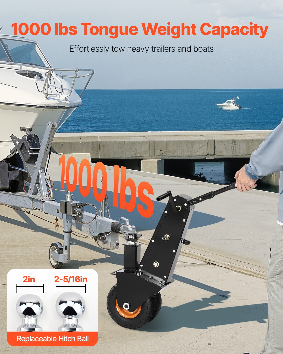 VEVOR Trailer Dolly, 1000lbs Tongue Weight Capacity, Trailer Mover Dolly with 2 inch and 2-5/16 inch Replaceable Hitch Balls, Pneumatic Tire, Manual or Electric Wrench Drive, for Moving RV Trailer