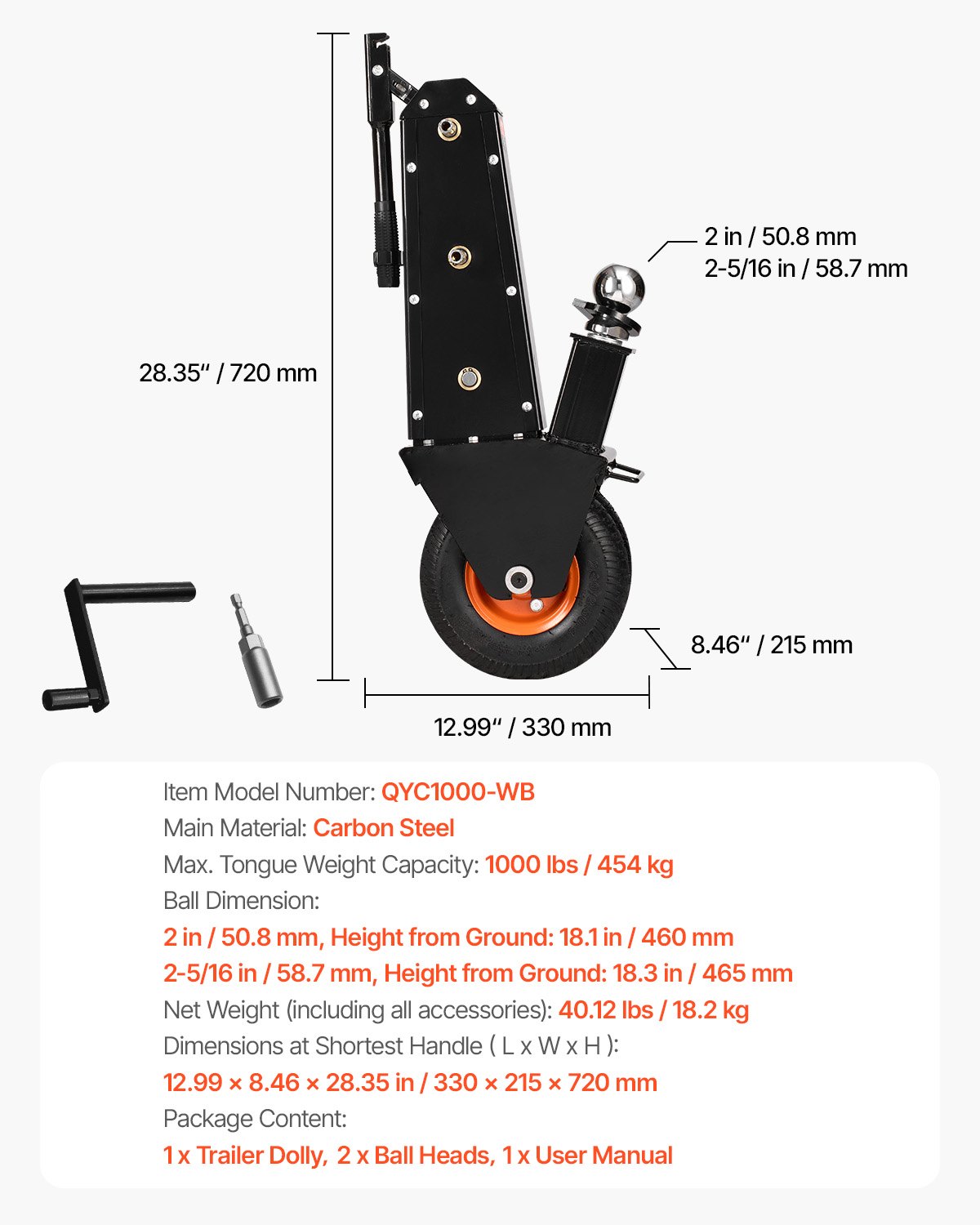 VEVOR Trailer Dolly, 1000lbs Tongue Weight Capacity, Trailer Mover Dolly with 2 inch and 2-5/16 inch Replaceable Hitch Balls, Pneumatic Tire, Manual or Electric Wrench Drive, for Moving RV Trailer