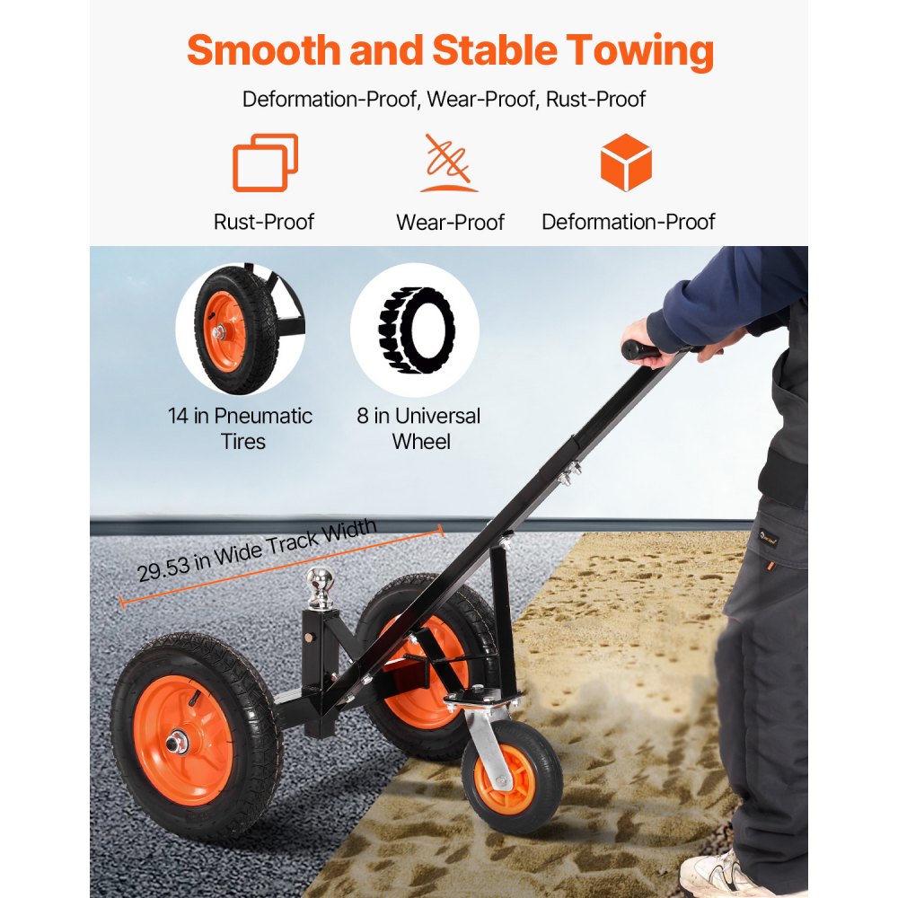 VEVOR Trailer Dolly, 1000lbs Tongue Weight Capacity, Carbon Steel Trailer Mover with 2 inch Ball, 14 inch Pneumatic Tires, Portable Tow Dolly for Moving RV Trailer