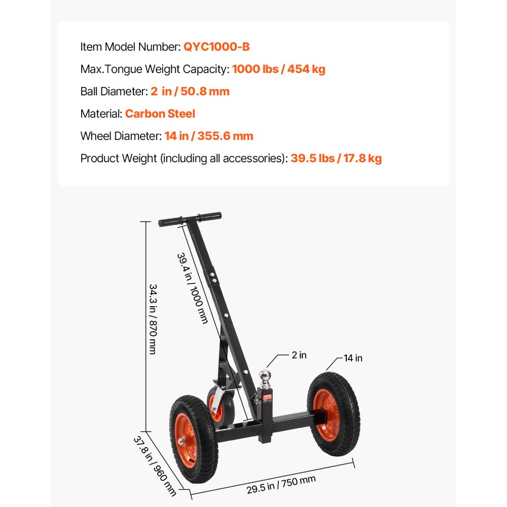 VEVOR Trailer Dolly, 1000lbs Tongue Weight Capacity, Carbon Steel Trailer Mover with 2 inch Ball, 14 inch Pneumatic Tires, Portable Tow Dolly for Moving RV Trailer