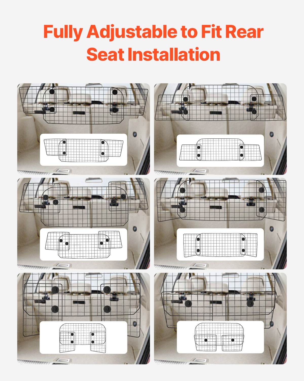 VEVOR Dog Car Barrier, 38"-66.3" Adjustable Car Divider for Trunk Cargo Area, Universal-Fit Back Seat Heavy-Duty Wire Mesh Dogs Separator Guard Net, Vehicle Pet Barrier for Sedans, Trucks and SUVs