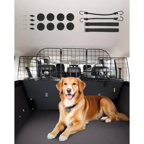 VEVOR Dog Car Barrier, Adjustable Car Divider for Trunk Cargo Area, Universal-Fit Back Seat Heavy-Duty Wire Mesh Dogs Separator Guard Net,