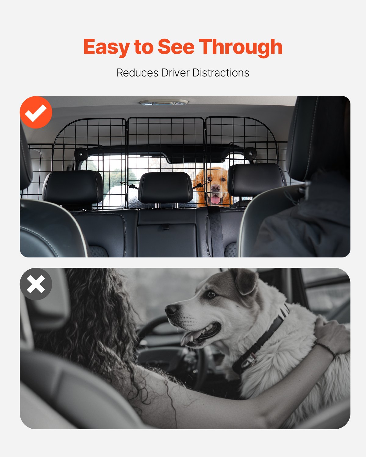 VEVOR Dog Car Barrier, 36.6"-60" Adjustable Car Divider for Trunk Cargo Area, Universal-Fit Back Seat Heavy-Duty Wire Mesh Dogs Separator Guard Net, Vehicle Pet Barrier for Sedans, Trucks and SUVs