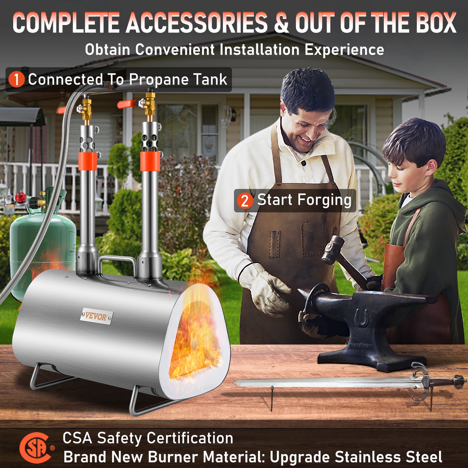 VEVOR Propane Forge Portable, Double Burner Tool and Knife Making, Large Capacity Blacksmith Farrier Forges, Mini Furnace Blacksmithing, Stainless Steel Gas Forging Tools and Equipment, Oval