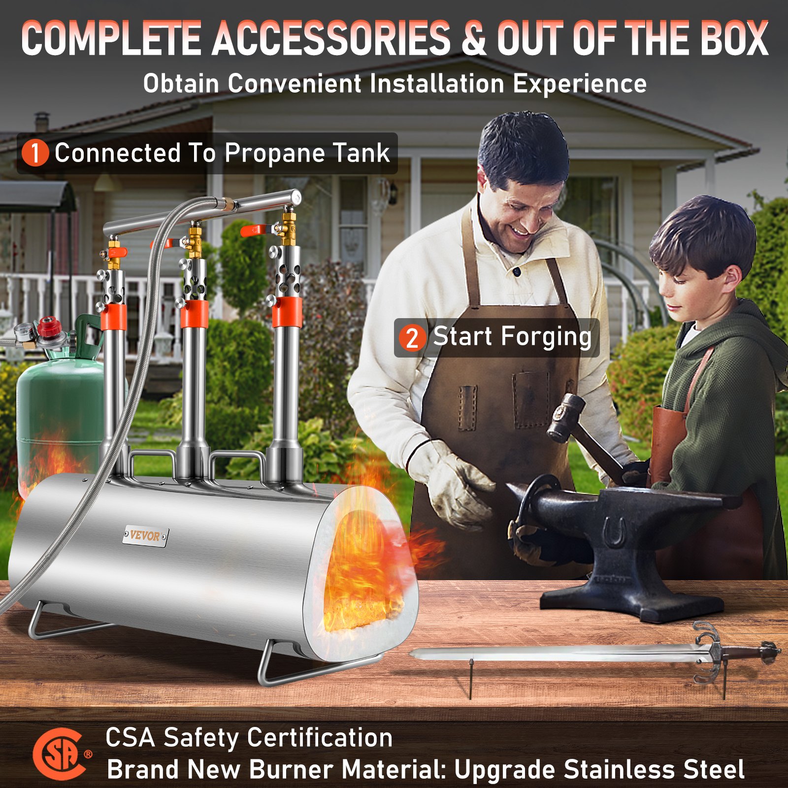 VEVOR Forge Portable Portable, Triple Burner Tool and Knife Making, Large Capacity Blacksmith Farrier Forges, Mini Furnace Blacksmithing, Stainless Steel Gas Forging Tools and Equipment, Oval