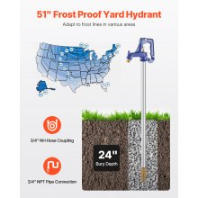 Frost Proof Yard Hydrant 51'' Length 24" Bury Depth Heavy-Duty Cast Iron