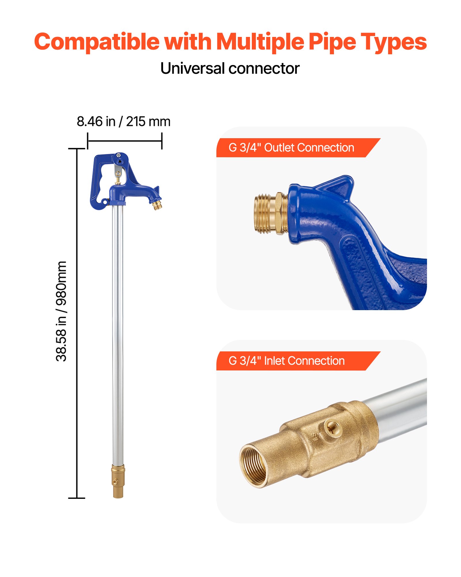 VEVOR Frost Proof Yard Hydrant, 980mm Freeze-Proof Outdoor Water Faucet with 305mm Bury Depth, G 3/4" Pipe Connection & Hose Coupling, No Lead Freezeless Hydrant for Yard Garden Farm Irrigation