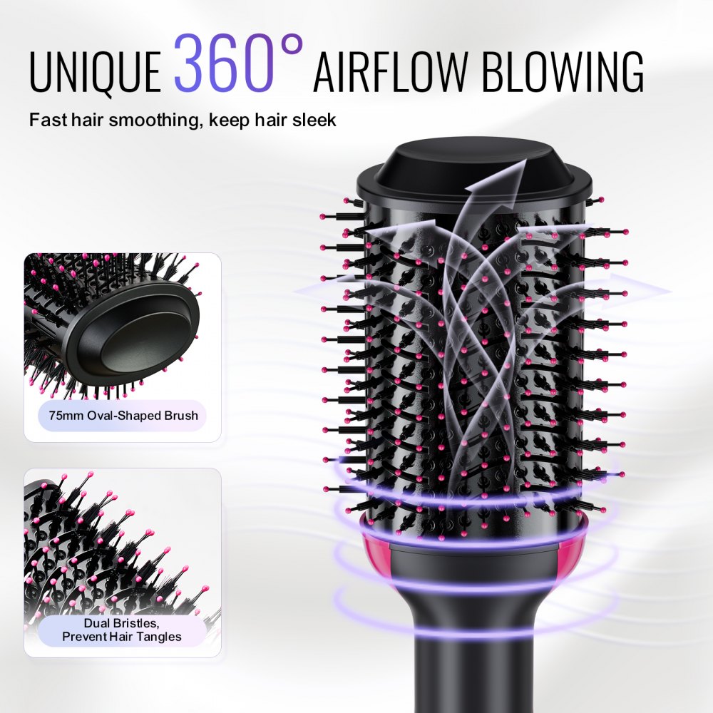 VEVOR Hair Blow Dryer Brush, 4 in 1 Ionic Hair Dryer and Styler Volumizer with 75mm Ceramic Coating Oval Barrel & 3 Heat Settings, Professional Hot Air Styling Brush for Straightening Drying Curling