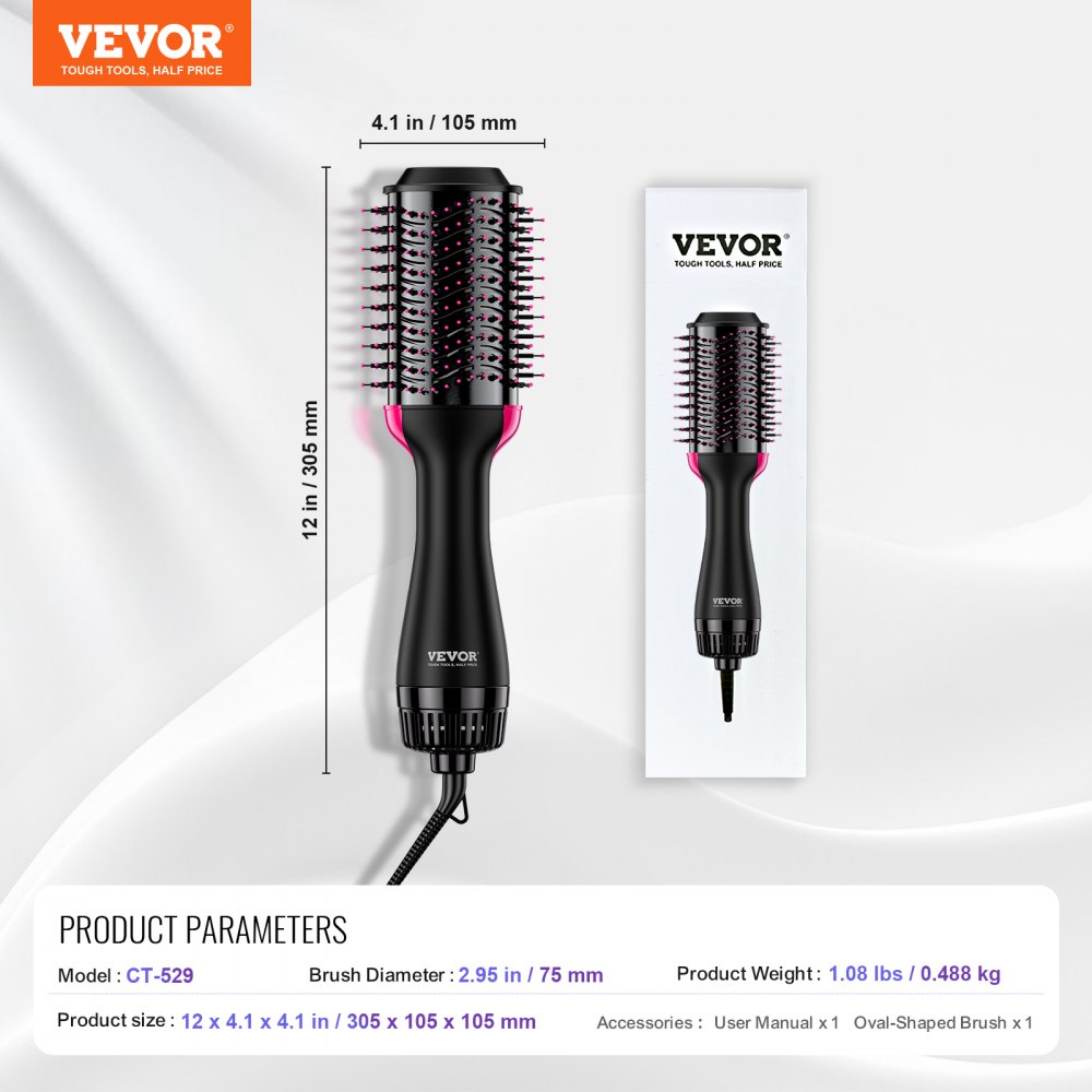 VEVOR Hair Blow Dryer Brush, 4 in 1 Ionic Hair Dryer and Styler Volumizer with 75mm Ceramic Coating Oval Barrel & 3 Heat Settings, Professional Hot Air Styling Brush for Straightening Drying Curling