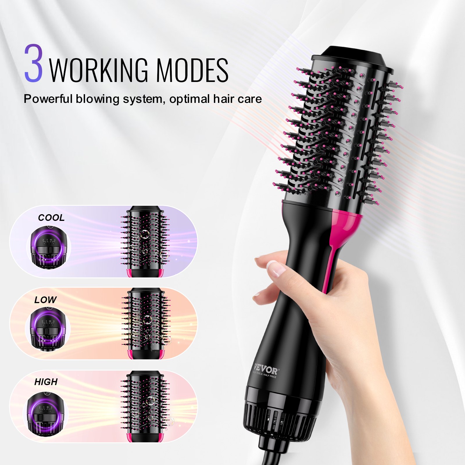 VEVOR Hair Blow Dryer Brush, 4 in 1 Ionic Hair Dryer and Styler Volumizer with 75mm Ceramic Coating Oval Barrel & 3 Heat Settings, Professional Hot Air Styling Brush for Straightening Drying Curling
