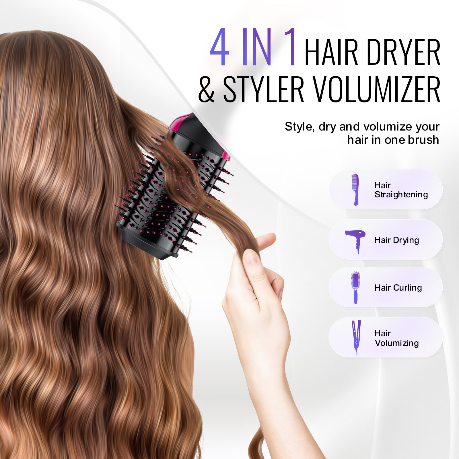 VEVOR Hair Blow Dryer Brush, 4 in 1 Ionic Hair Dryer and Styler Volumizer with 75mm Ceramic Coating Oval Barrel & 3 Heat Settings, Professional Hot Air Styling Brush for Straightening Drying Curling