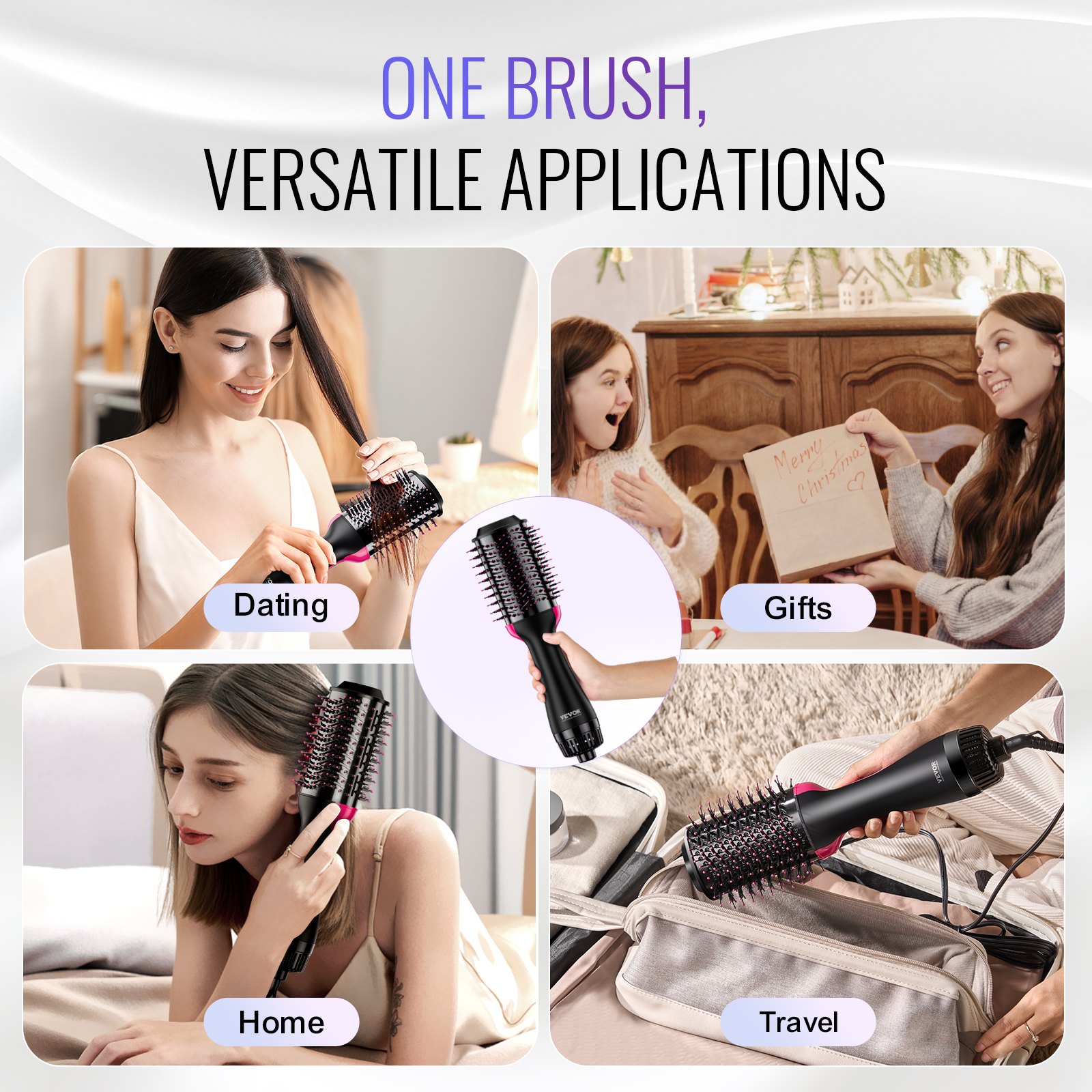 VEVOR Hair Blow Dryer Brush, 4 in 1 Ionic Hair Dryer and Styler Volumizer with 75mm Ceramic Coating Oval Barrel & 3 Heat Settings, Professional Hot Air Styling Brush for Straightening Drying Curling