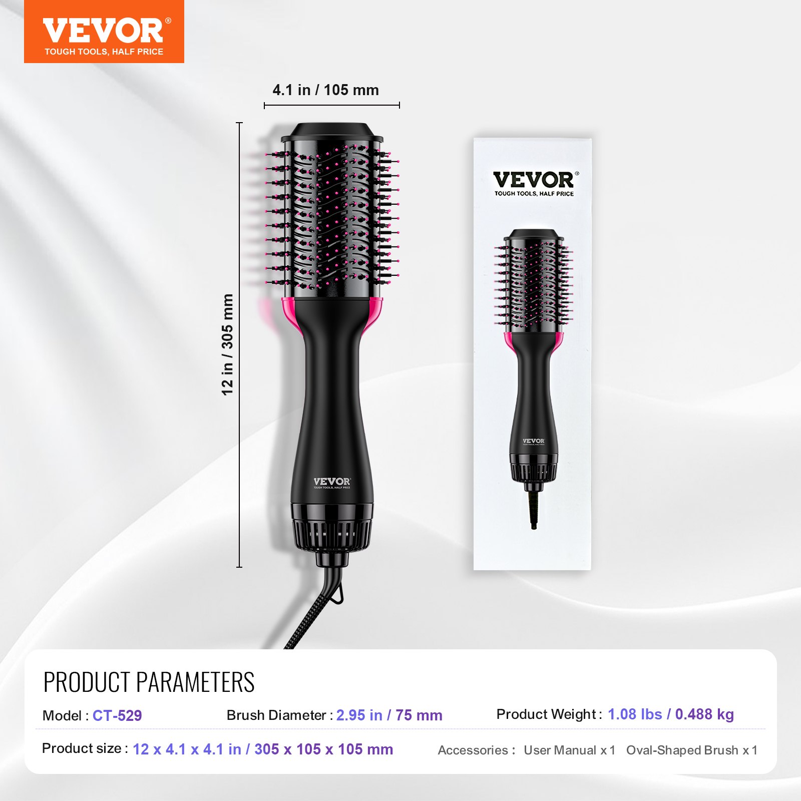 VEVOR Hair Blow Dryer Brush, 4 in 1 Ionic Hair Dryer and Styler Volumizer with 75mm Ceramic Coating Oval Barrel & 3 Heat Settings, Professional Hot Air Styling Brush for Straightening Drying Curling