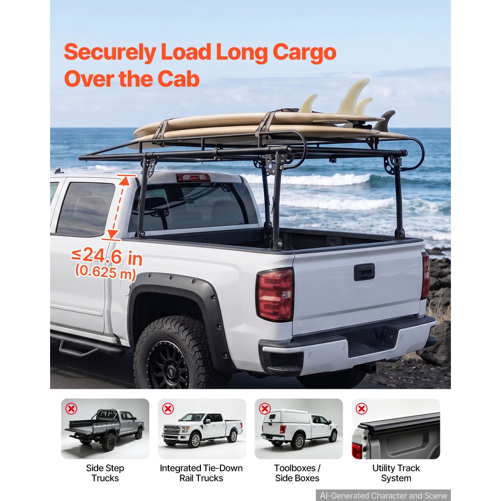 VEVOR Truck Ladder Rack 800LBS Capacity Universal Over-Cab Trucks Bed Rack, 43.3"-63" Width Adjustable for Kayak Surfboard Lumber, Non-Drilling/Drilling Installation, Fits Short-Bed & Long-Bed Trucks