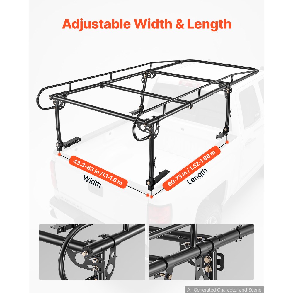 VEVOR Truck Ladder Rack 800LBS Capacity Universal Over-Cab Trucks Bed Rack, 43.3"-63" Width Adjustable for Kayak Surfboard Lumber, Non-Drilling/Drilling Installation, Fits Short-Bed & Long-Bed Trucks