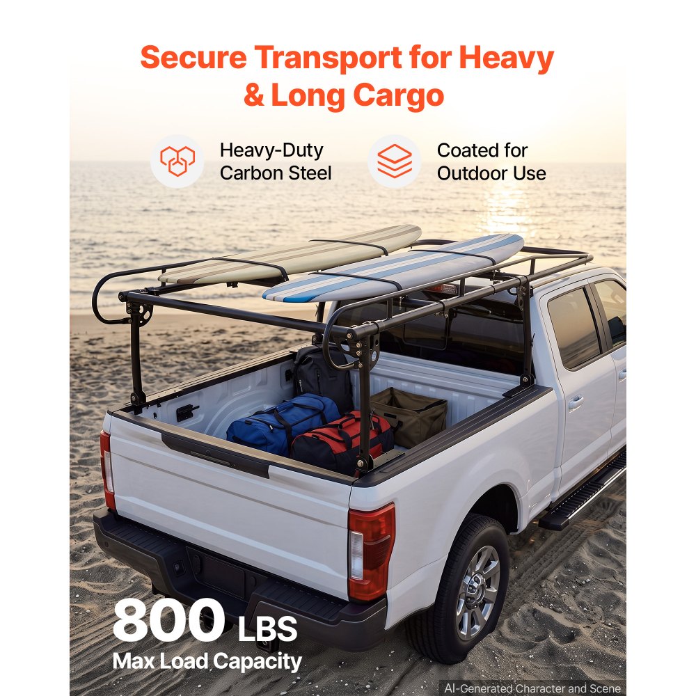 VEVOR Truck Ladder Rack 800LBS Capacity Universal Over-Cab Trucks Bed Rack, 43.3"-63" Width Adjustable for Kayak Surfboard Lumber, Non-Drilling/Drilling Installation, Fits Short-Bed & Long-Bed Trucks