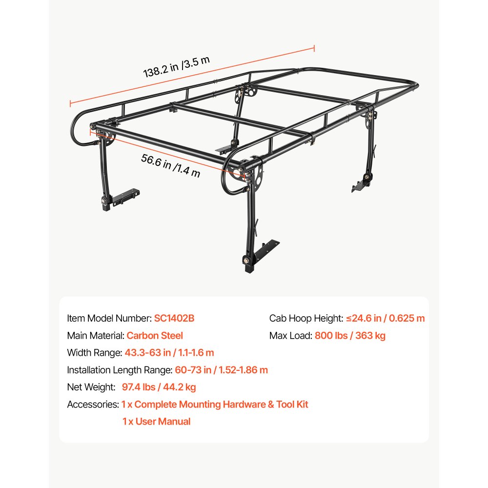 VEVOR Truck Ladder Rack 800LBS Capacity Universal Over-Cab Trucks Bed Rack, 43.3"-63" Width Adjustable for Kayak Surfboard Lumber, Non-Drilling/Drilling Installation, Fits Short-Bed & Long-Bed Trucks