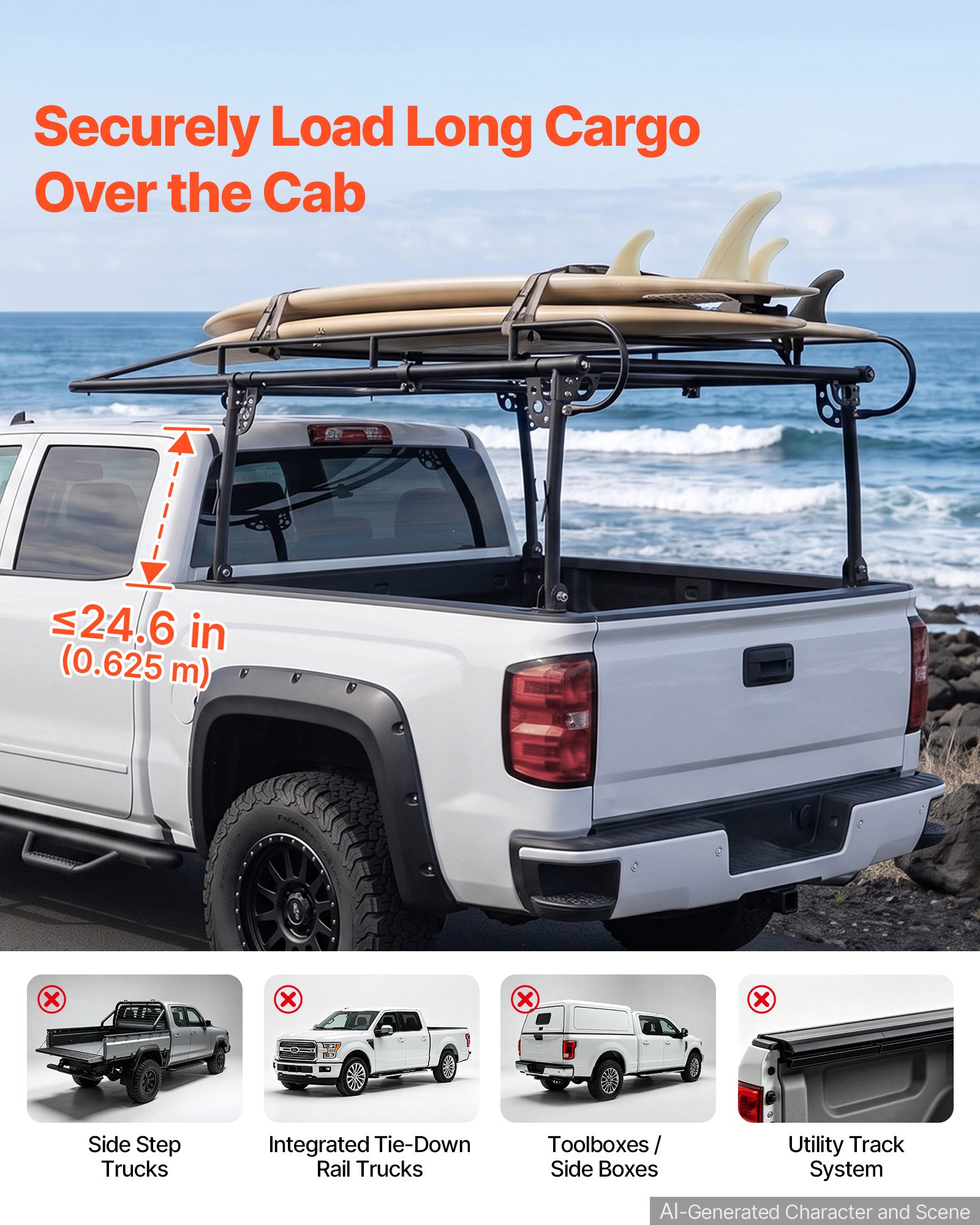 VEVOR Truck Ladder Rack 800LBS Capacity Universal Over-Cab Trucks Bed Rack, 43.3"-63" Width Adjustable for Kayak Surfboard Lumber, Non-Drilling/Drilling Installation, Fits Short-Bed & Long-Bed Trucks