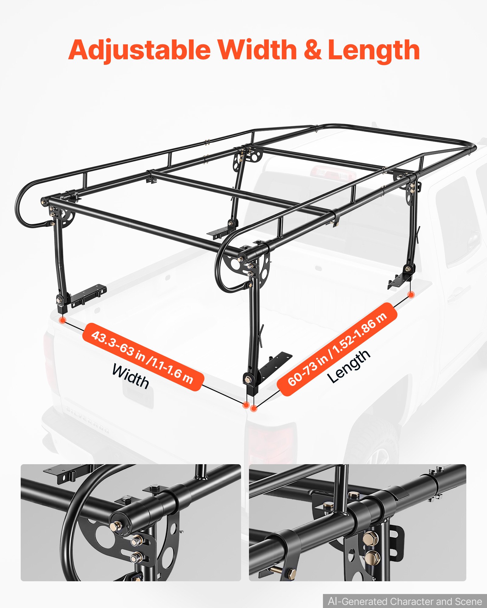 VEVOR Truck Ladder Rack 800LBS Capacity Universal Over-Cab Trucks Bed Rack, 43.3"-63" Width Adjustable for Kayak Surfboard Lumber, Non-Drilling/Drilling Installation, Fits Short-Bed & Long-Bed Trucks